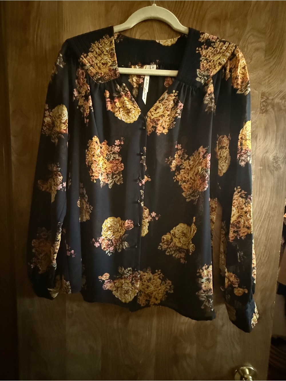 Bellatrix Floral V-Neck Black Blouse with Gold Rose Print